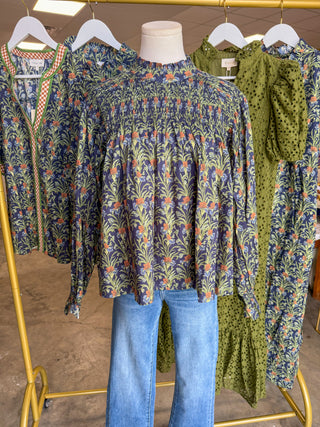 Navy Hidden Blooms Smocked Blouse