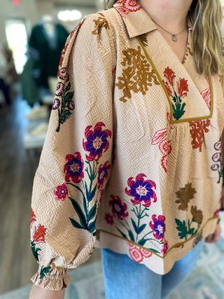 Tan Tapestry Florals Long Sleeve Top