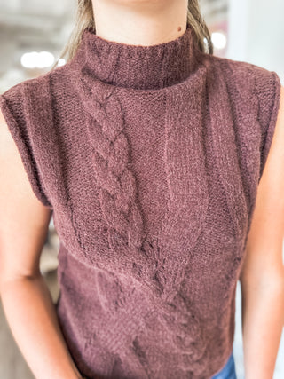 Brown Cozy Cables Knit Sleeveless Sweater