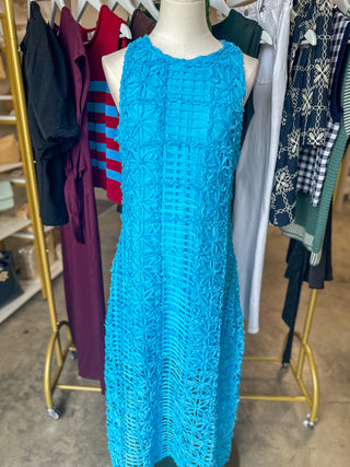 blue textured maxi dress Textured 3/4 Sleeve Lace-Up Maxi Dress Blue / M
