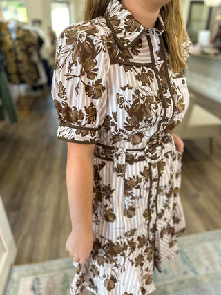 Brown Stripes & Stems Buttoned & Belted Mini Dress