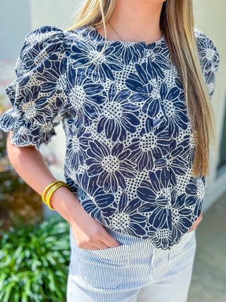 Navy Softly Styled Floral Lace Top