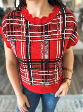 Red Holiday Sparkle Plaid Knit Top