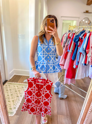 Red Delicate Lines Gold Button Peplum Top