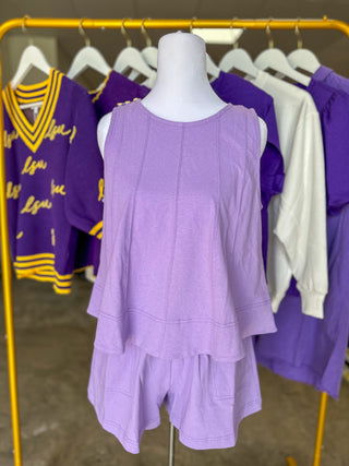 Lavender Winning Wonder Contrast Stitch Sleeveless Shorts Set