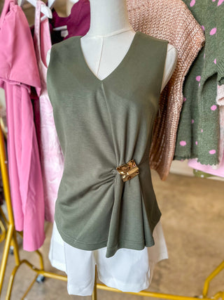Olive Gathered & Gold V-Neck Top