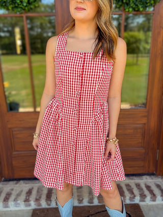 Red Front Porch Picnic Gingham Mini Dress