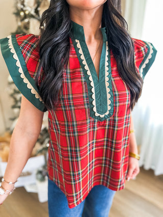 Noel Red & Green Plaid Scallop Trim Top