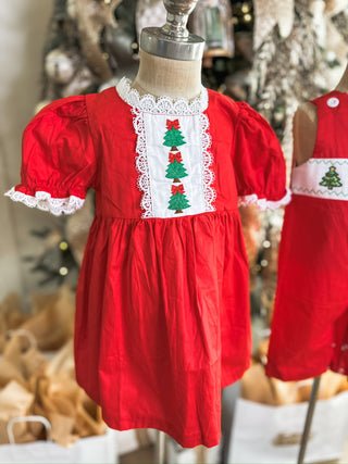 Red Christmas Girls Dress: Beautiful Embroidery W/ Lace Trim