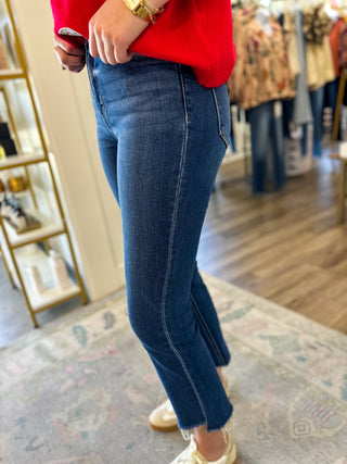 Bella Dark Wash High Rise Raw Step Hem Kick Flare Jeans