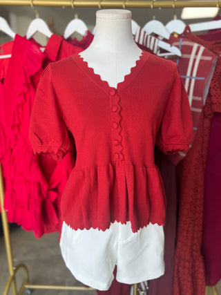 Brick Noelle Scallop Trim Peplum Knit Top