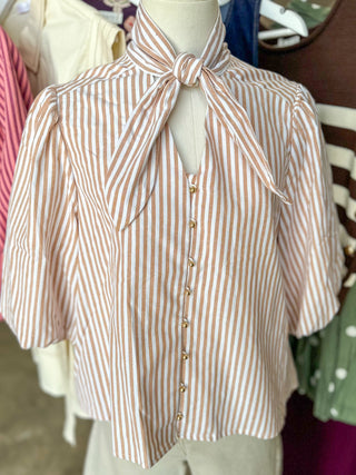 Camel Striped Magnolia Bow Button Down Blouse
