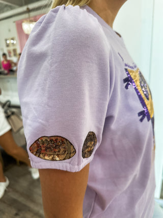 PRE-ORDER: Purple & Gold Geaux, Fight, WIN Sequin Spirit Puff Sleeve Top