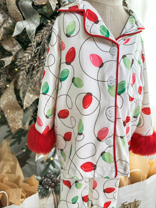 Christmas Lights Print Pajama Set W/ Red Furry Trim