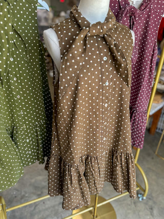 Brown Polished Polka Dots Tie Neck Mini Dress