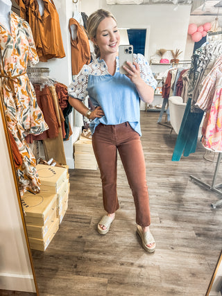 Baby Blue Daisy Jones Flower Sleeve V Neck Top