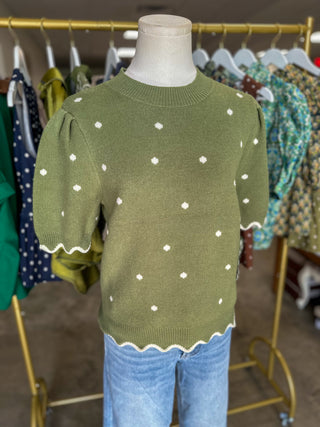 Olive Dotted Delight Scallop Trim Sweater Top
