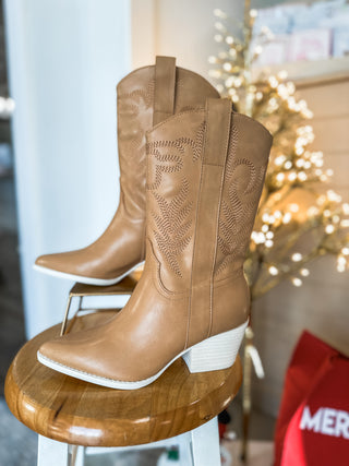 Soft Tan Embroidered High Ankle Boots