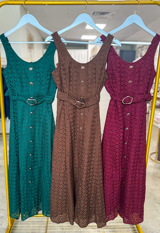 Burgundy Charlotte Eyelet Belted Maxi Dress