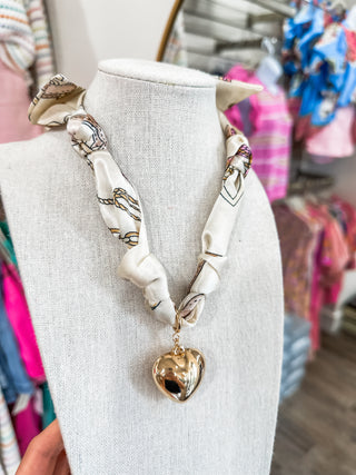 Cream/Neutral Knotted Scarf Necklace W/ Hammered Puffy Heart Charm