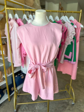 Pink Padded Shoulder Bow Belted Romper