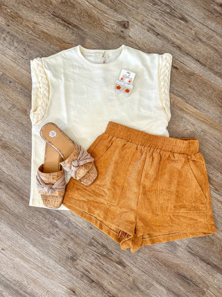 Caramel Corduroy Craze Elastic Waist Band Shorts