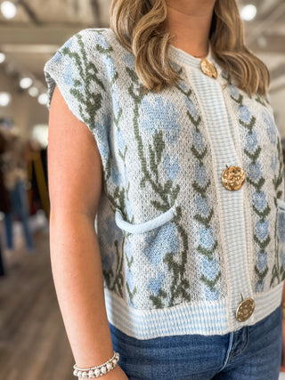Light Blue Flowering Charm Gold Metal Button Sleeveless Sweater