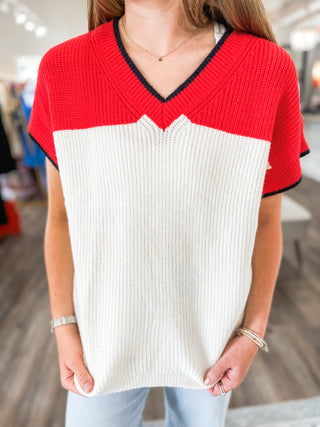 Red/Black Contrast Color V-Neck Short Sleeve Sweater