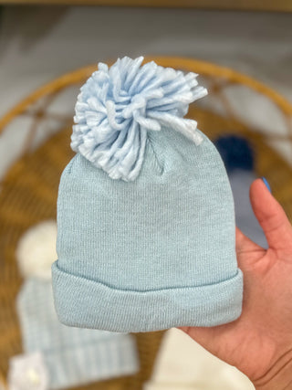 Baby Boy Blue Hat W/ Blue Pompom