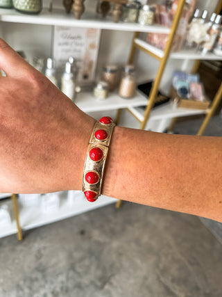 Red Color Coated Studded W/ Gold Hammered Stretch Bracelet
