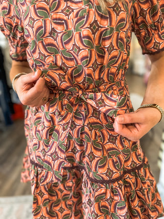 Autumn Mosaic Belted Scallop Trim Mini Dress