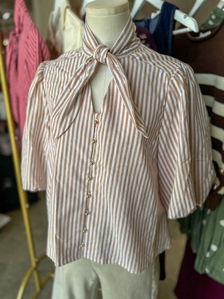 Camel Striped Magnolia Bow Button Down Blouse