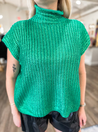 Green Radiant Luxe Metallic Mock Neck Sweater Vest