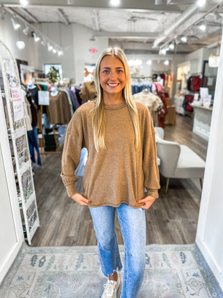 DOORBUSTER: Deep Camel Brushed Ribbed Drop Shoulder Long Sleeve Top