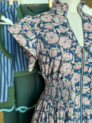 Navy Floral Conservatory Flutter Sleeve Zip Midi Dress