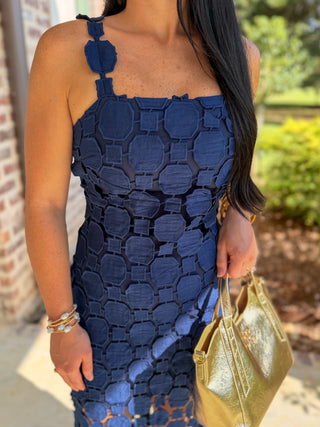Navy Hyacinth Lace Fringe Midi Dress