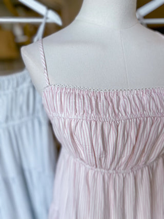Soft Pink Stripe Shirred Empire Waist Midi Dress