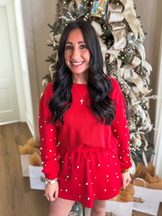 Red Holiday Pearl Charm Long Sleeve TOP