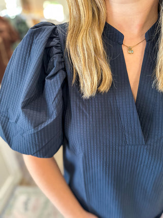 Navy Parker Puff Sleeve Textured Top