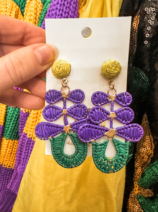 Weaved Purple, Gold, & Green Mardi Gras Dangle Earrings