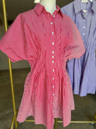 Red Classic Stripes Smocked Pleated Mini Dress