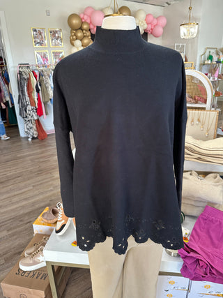 Black Soft & Sleek Scalloped Eyelet Hem Long Sleeve Sweater Top