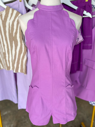 Purple Game On Scalloped Halter Neck Romper