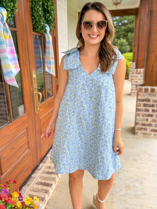 Blue & Green Blooming Grace Bow Sleeve Mini Dress