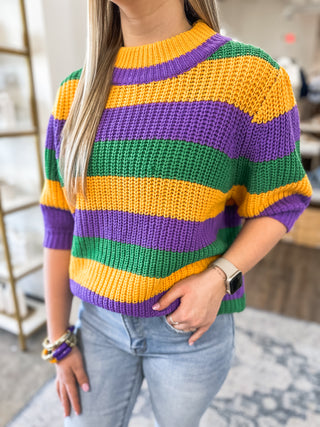 Parading Around Mardi Gras Stripe Hacci Knit Half Sleeve Top