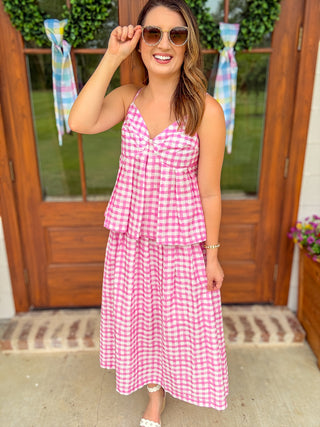 Candy Pink Gingham Midi Skirt Set