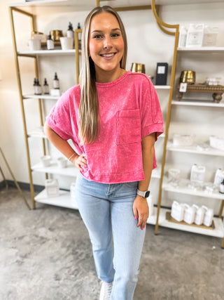 Hot Pink Comfy Acid Washed Relaxed Fit Shoulder Tees