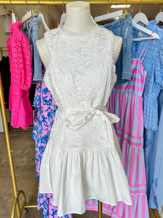 White Ever After Floral Lace Belted Mini Dress