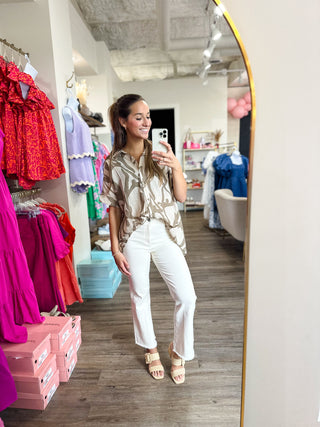 Taupe Mix Two Tone Abstract Button Down Top