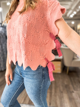 Strawberry Daze Side Bow Tie Scalloped Edge Sleeveless Sweater Vest